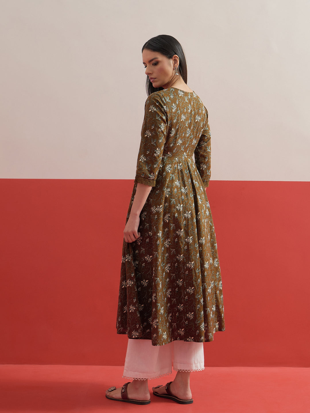 Women Olive Floral Front Open Anarkali Kurta