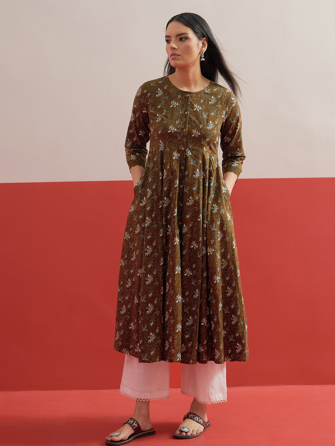 Women Olive Floral Front Open Anarkali Kurta