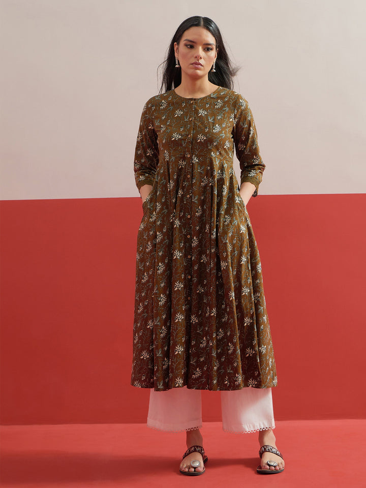 Women Olive Floral Front Open Anarkali Kurta With Straight Pant