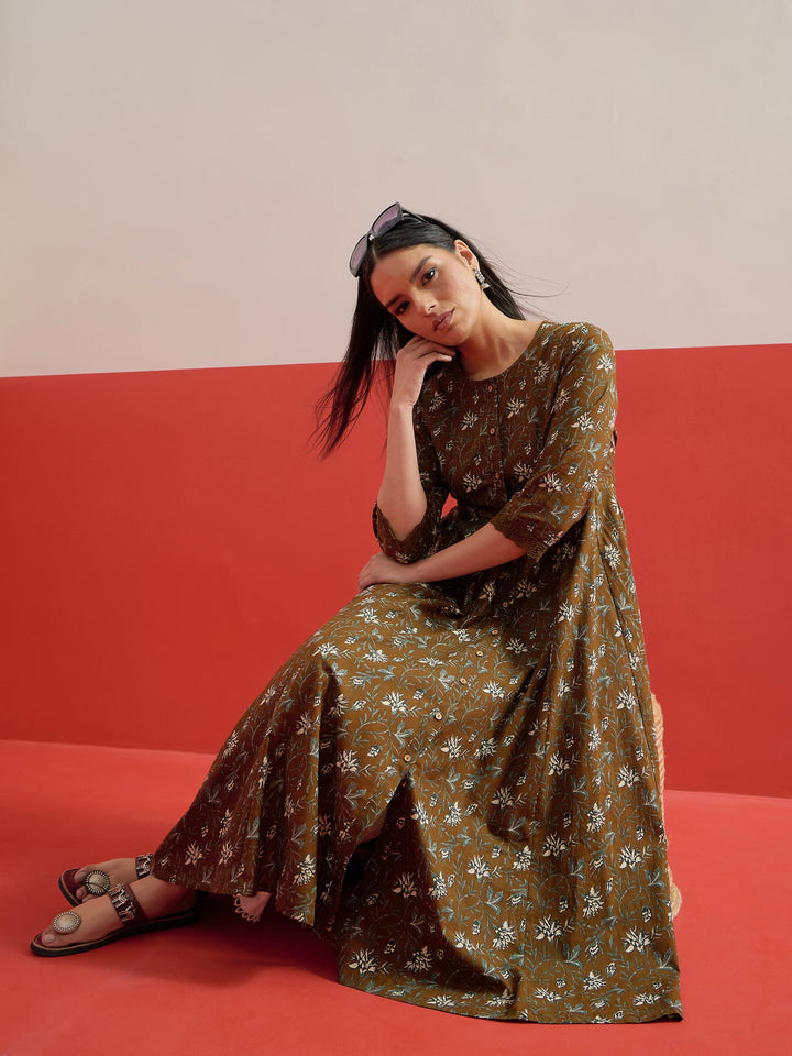 Women Olive Floral Front Open Anarkali Kurta With Straight Pant