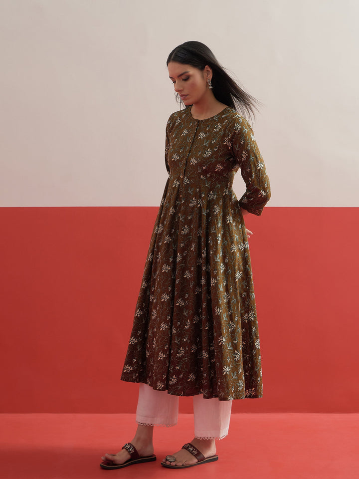 Women Olive Floral Front Open Anarkali Kurta With Straight Pant