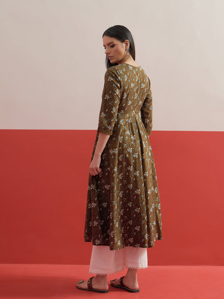 Women Olive Floral Front Open Anarkali Kurta With Straight Pant