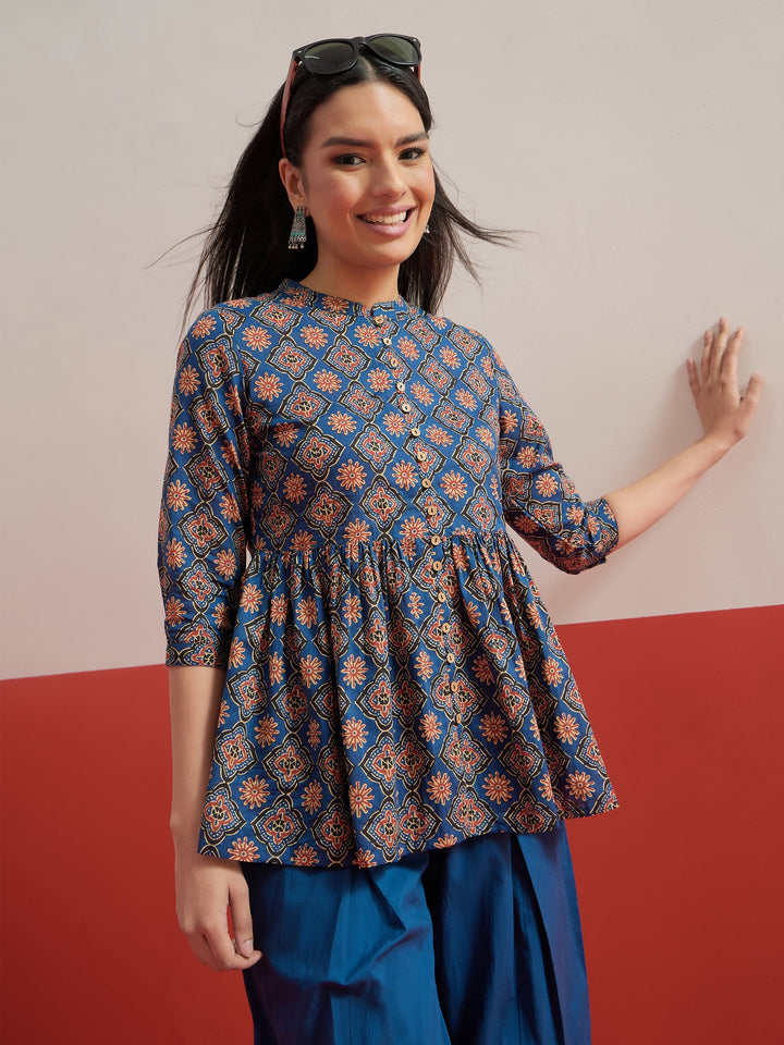 Women Blue Geometric Front Button Gathered Top