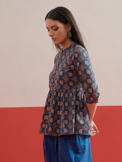 Women Blue Geometric Front Button Gathered Top
