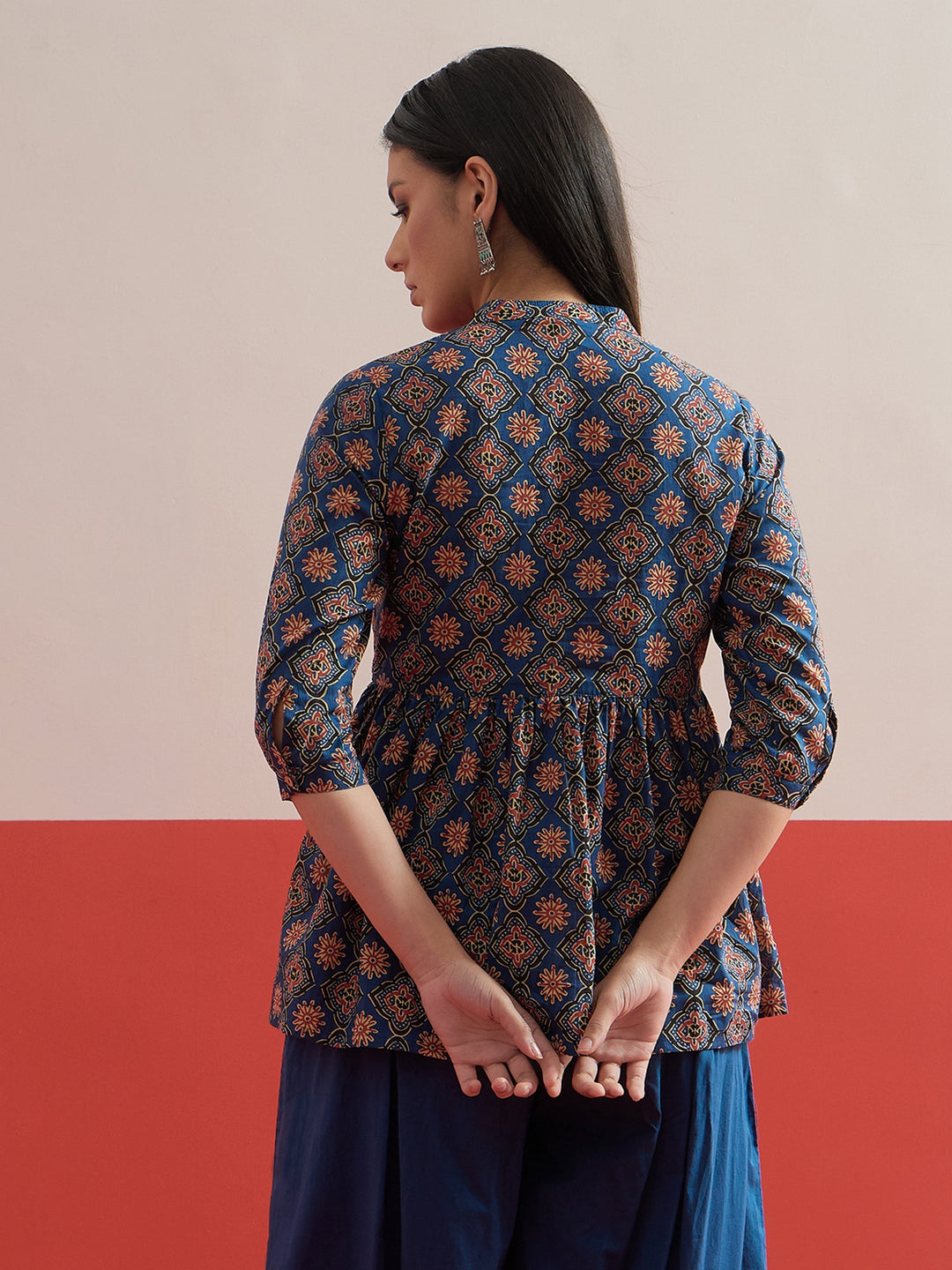 Women Blue Geometric Front Button Gathered Top