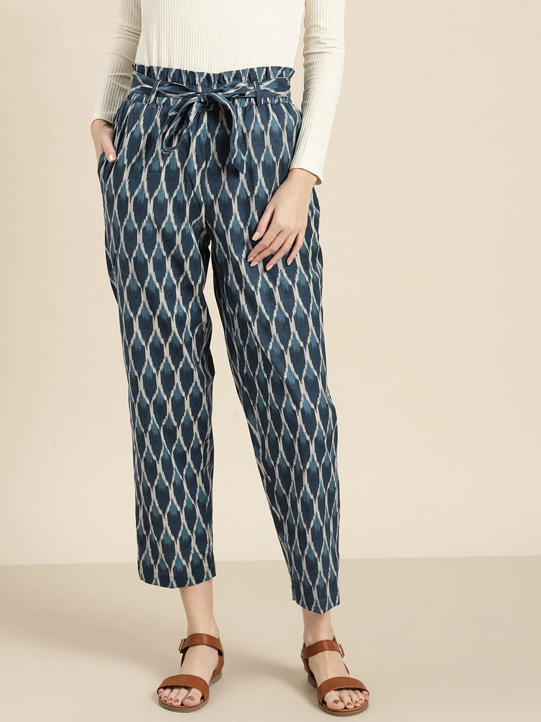 Navy Ikat Paper Bag Pants-Pants-SASSAFRAS