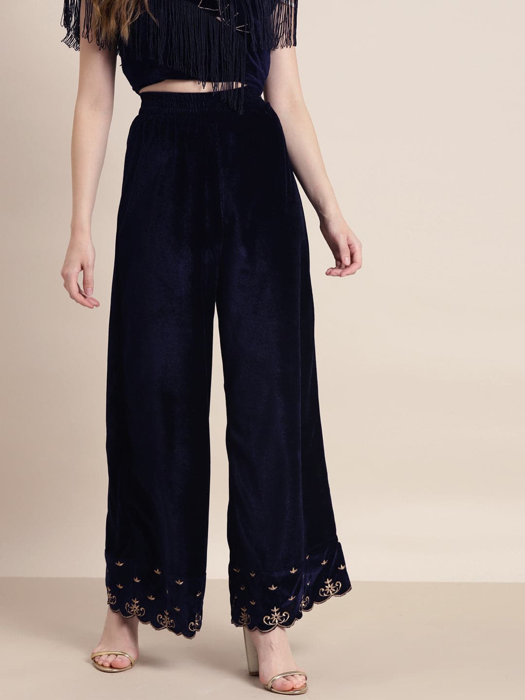Navy Velvet Embroidered Flared Pants-Pants-SASSAFRAS