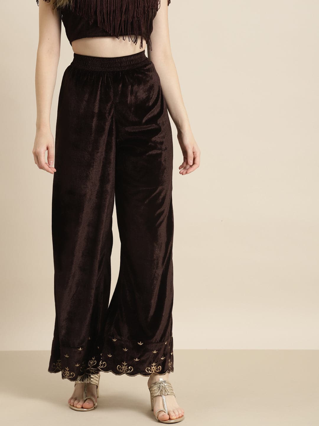 Women's Brown Velvet Embroidered Flared Pants in Cotton by Shae for wholesale, bulk, supplier, manufacturer and wholesaler buyers from Trendphoria