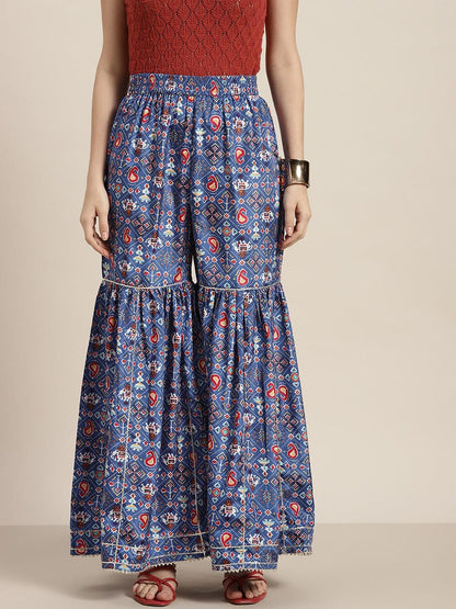 Women's Women Blue Patola Sharara Pants in Crepe by Shae for wholesale, bulk, supplier, manufacturer and wholesaler buyers from Trendphoria