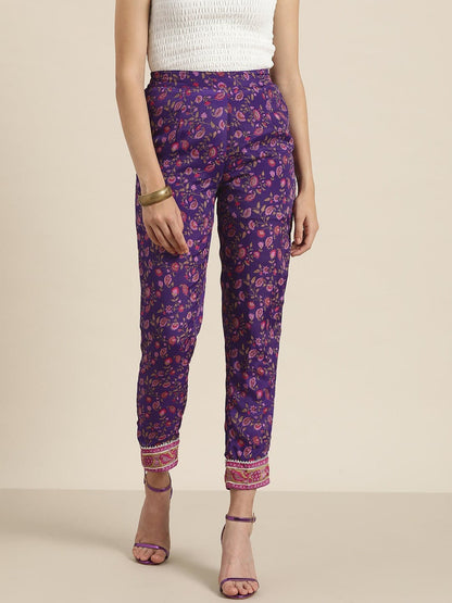 Women's Women Purple Floral Pencil Pants in Cotton by Shae for wholesale, bulk, supplier, manufacturer and wholesaler buyers from Trendphoria