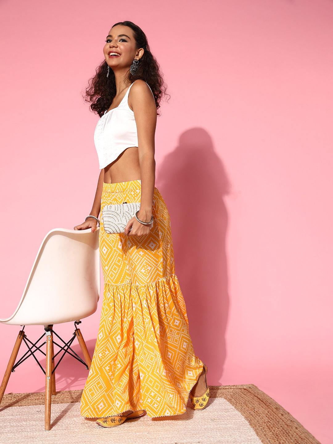 Women Yellow Tie &amp; Dye Frilly Sharara
