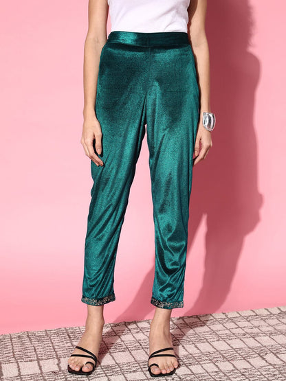 Emerald Green Velvet Embroidered Pencil Pants Shae by SASSAFRAS