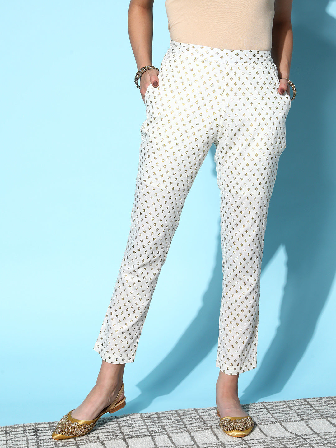 Off White Cotton Silk Geo Foil Pencil Pants