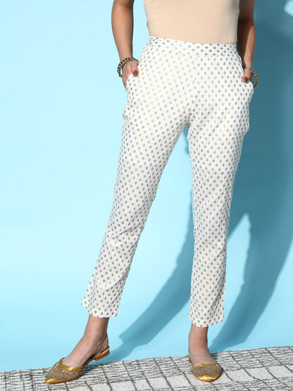 Off White Cotton Silk Geo Foil Pencil Pants