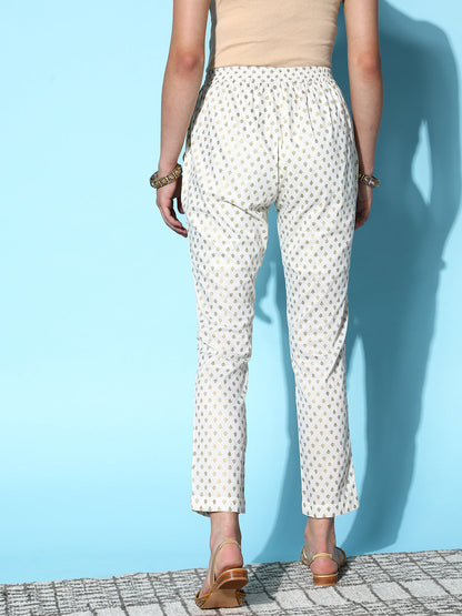 Off White Cotton Silk Geo Foil Pencil Pants