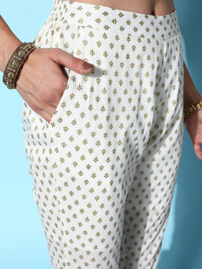 Off White Cotton Silk Geo Foil Pencil Pants