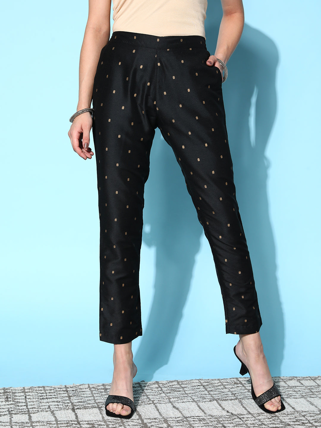 Black Cotton Silk Geo Foil Pencil Pants