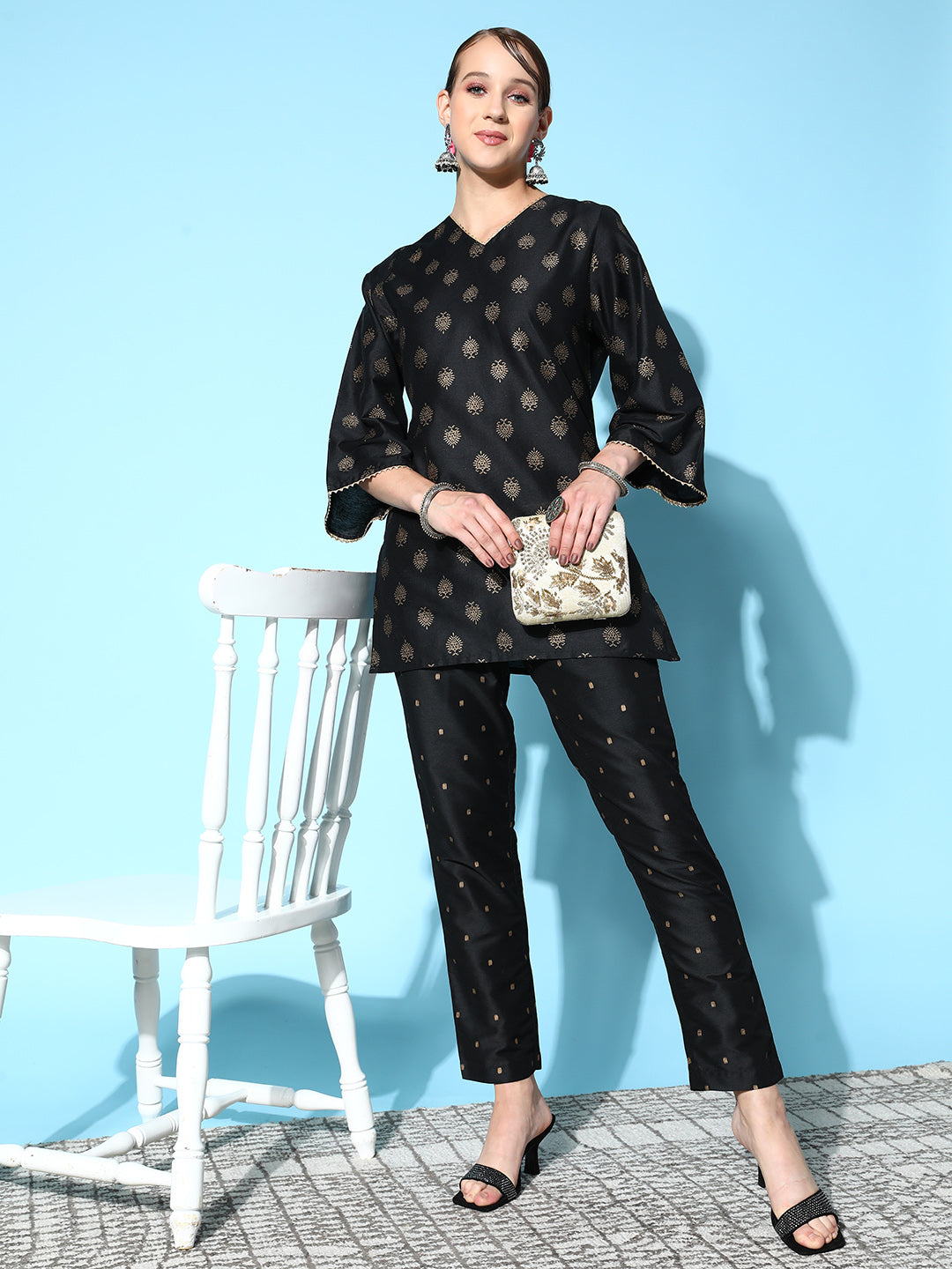 Black Cotton Silk Geo Foil Pencil Pants