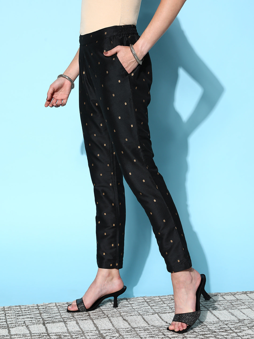 Black Cotton Silk Geo Foil Pencil Pants