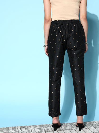 Black Cotton Silk Geo Foil Pencil Pants