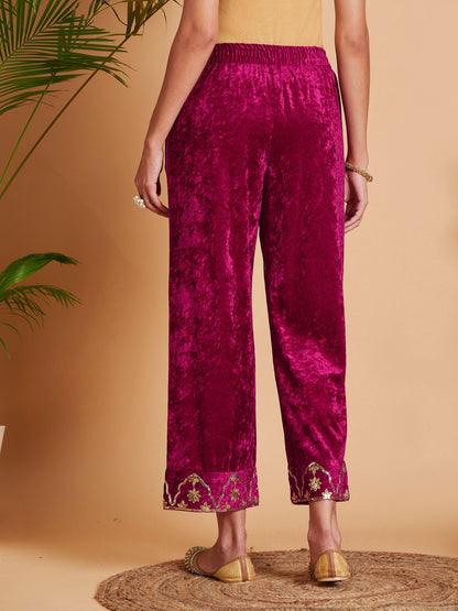 Women Fuchsia Velvet Embroidered Straight Pants