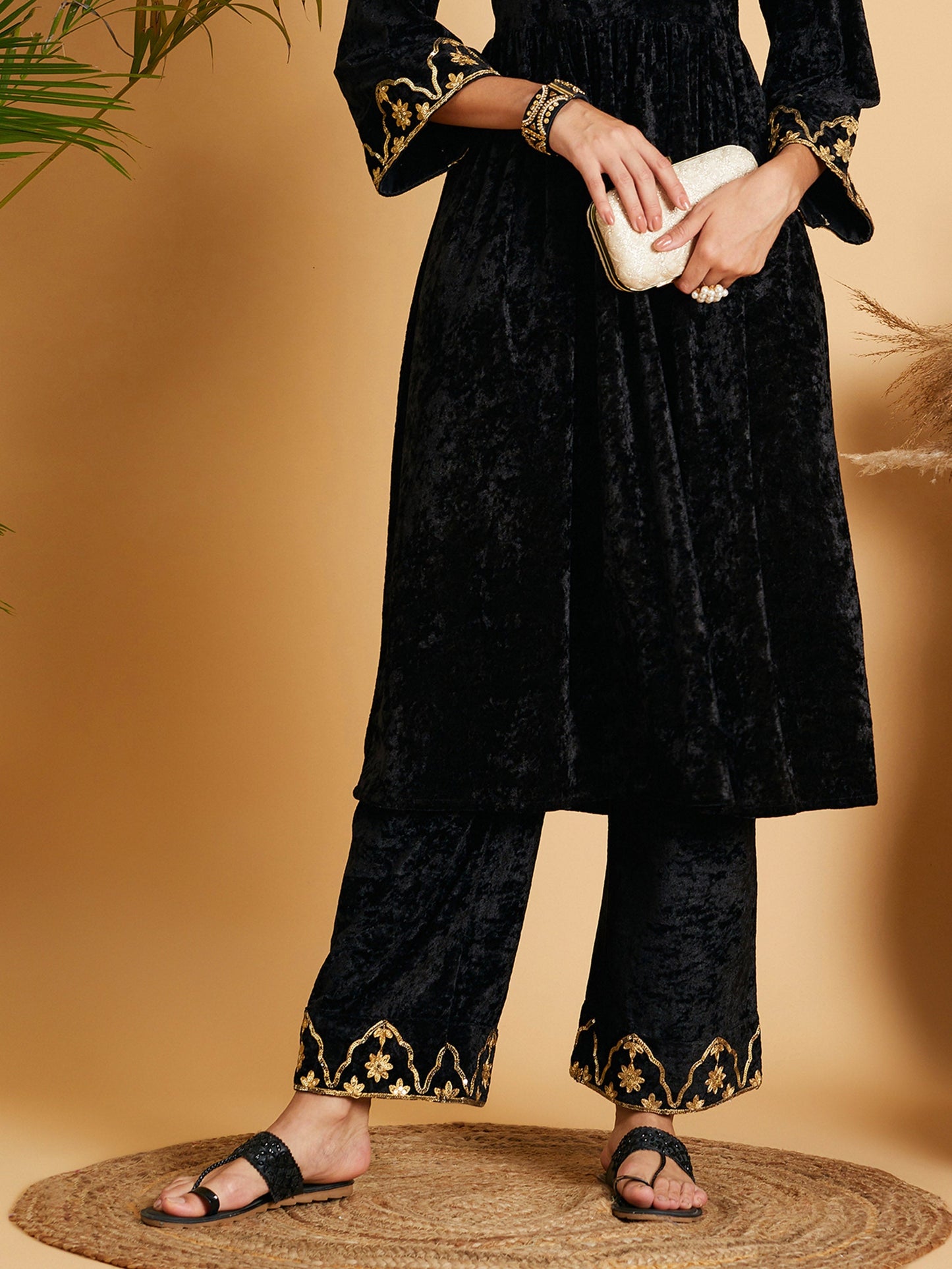 Black Velvet Embroidered Straight Pants