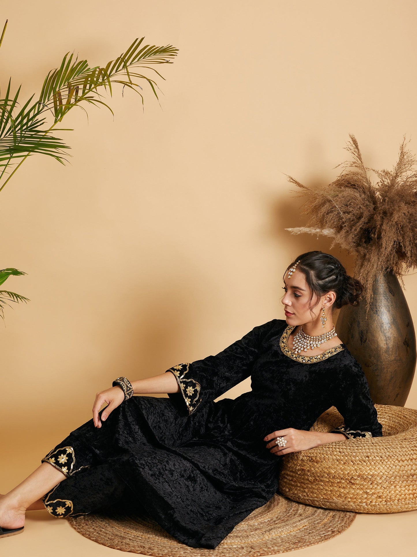 Black Velvet Embroidered Straight Pants