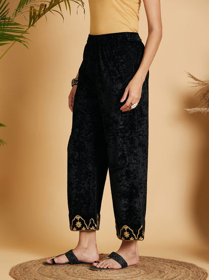 Black Velvet Embroidered Straight Pants