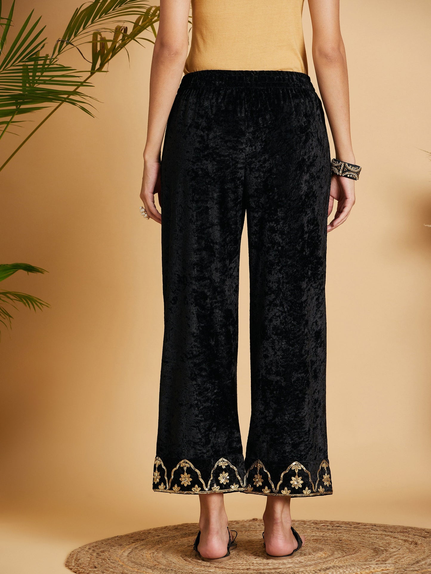 Black Velvet Embroidered Straight Pants