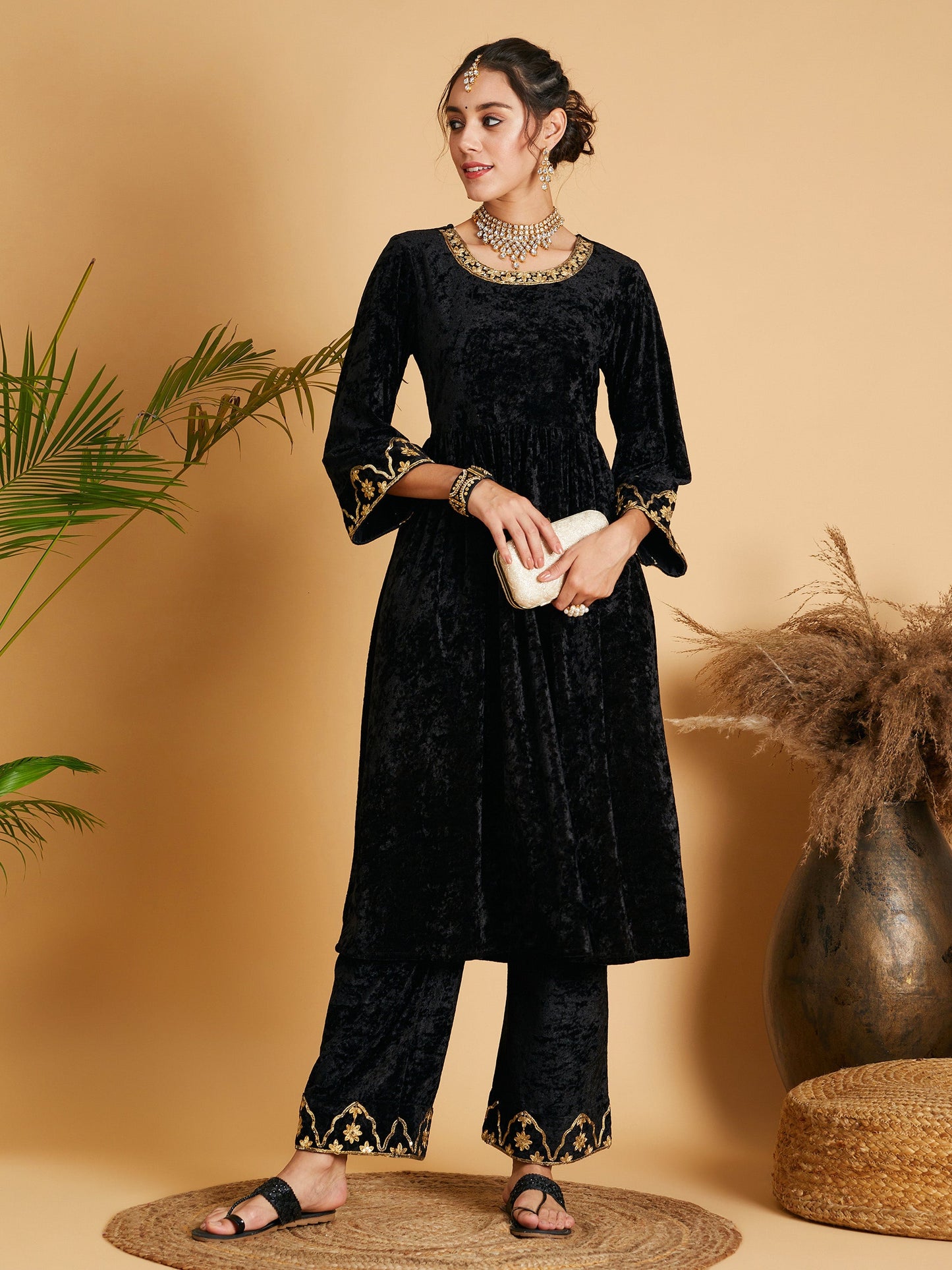 Black Velvet Embroidered Straight Pants