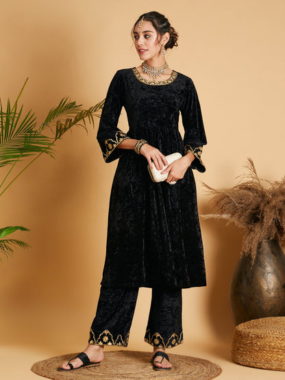Black Velvet Embroidered Straight Pants
