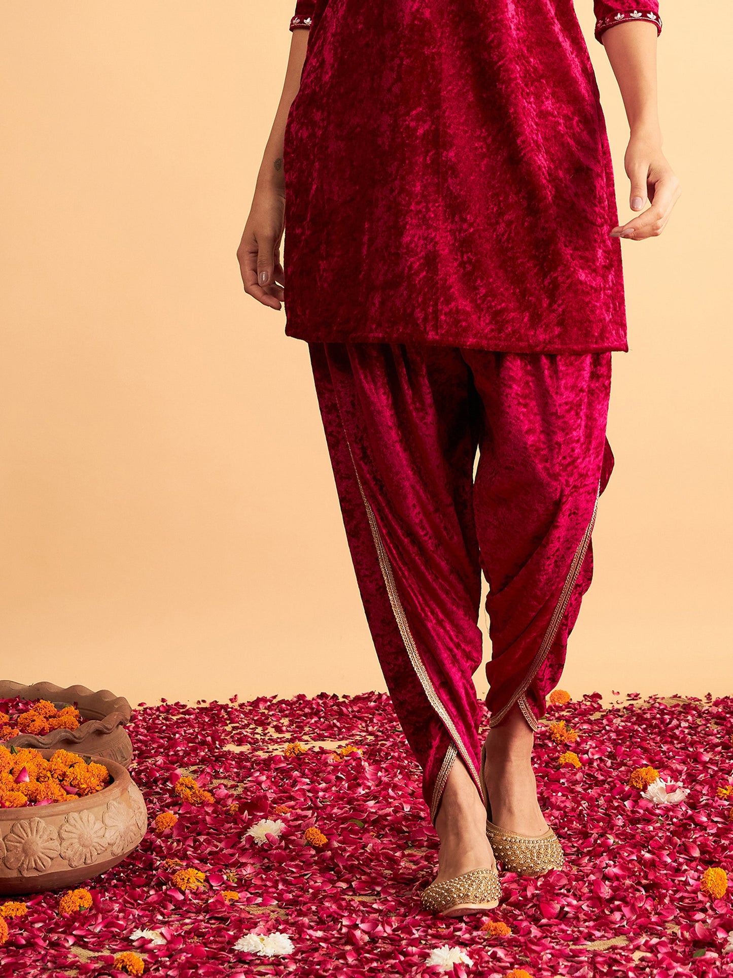 Fuchsia Velvet Dhoti Pants