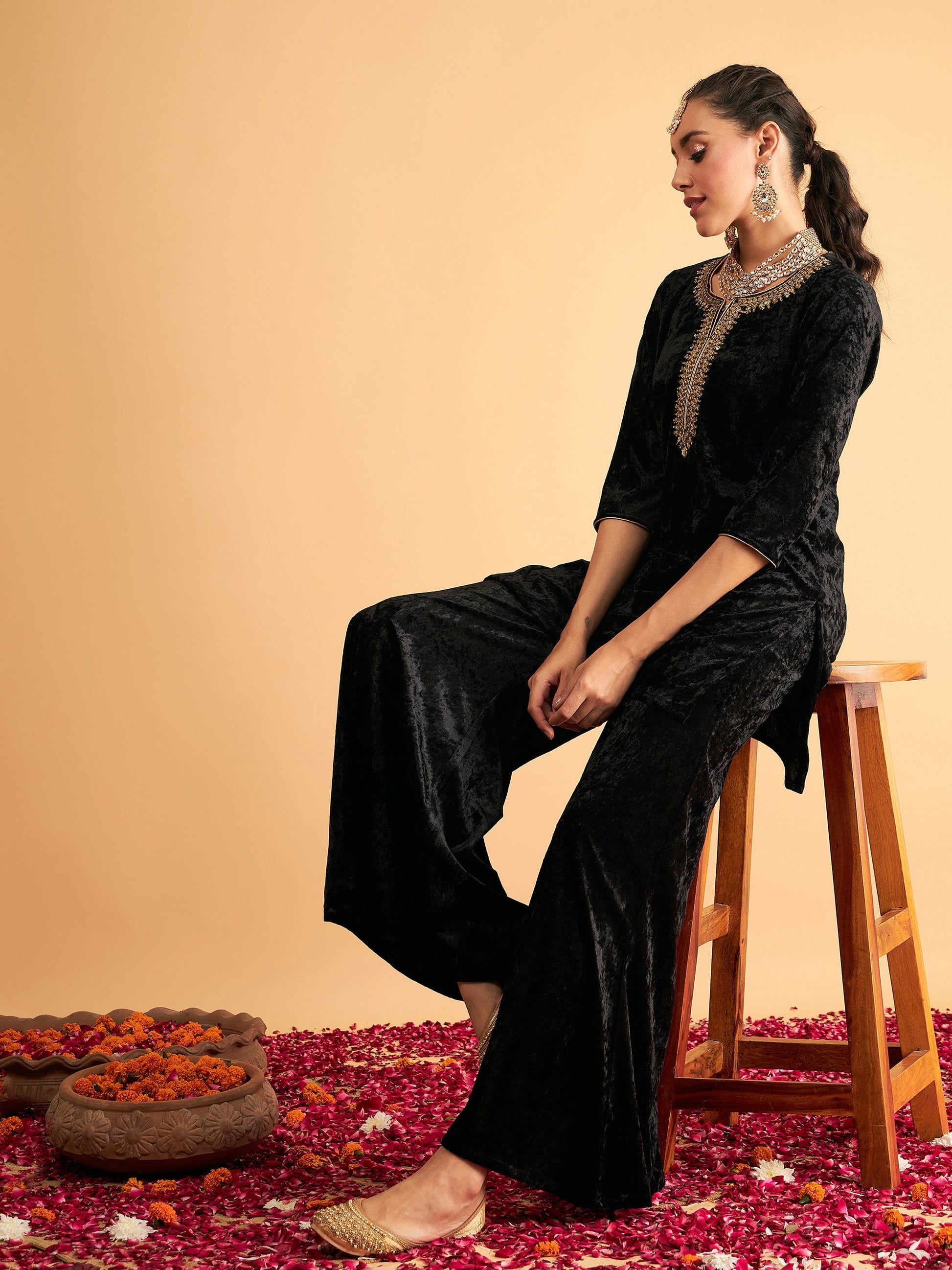 Black Velvet Palazzo Pants-Shae by SASSAFRAS