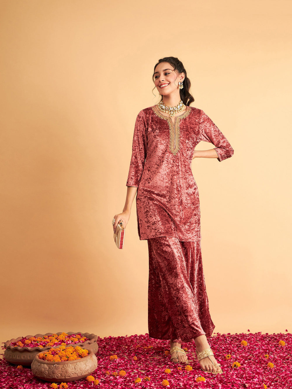 Pink Velvet Palazzo Pants-Shae by SASSAFRAS