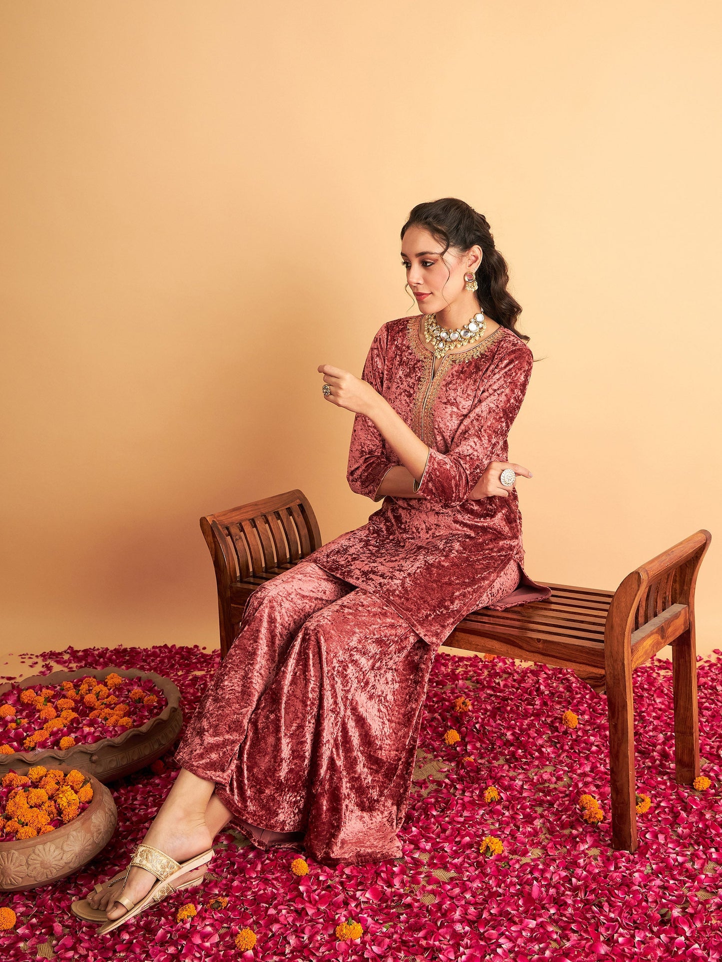 Pink Velvet Palazzo Pants-Shae by SASSAFRAS