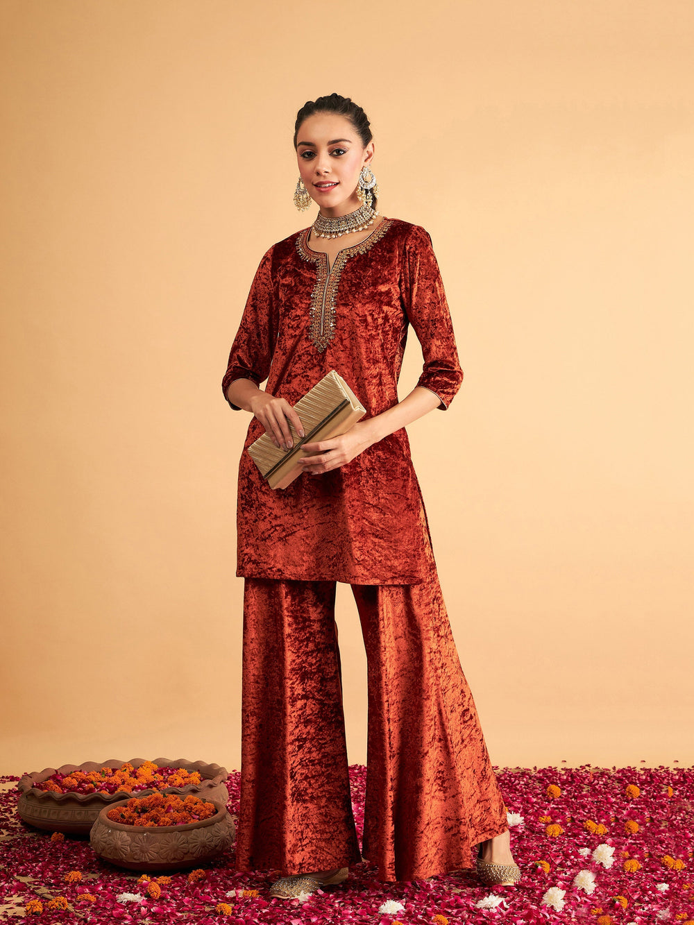Rust Velvet Palazzo Pants-Shae by SASSAFRAS