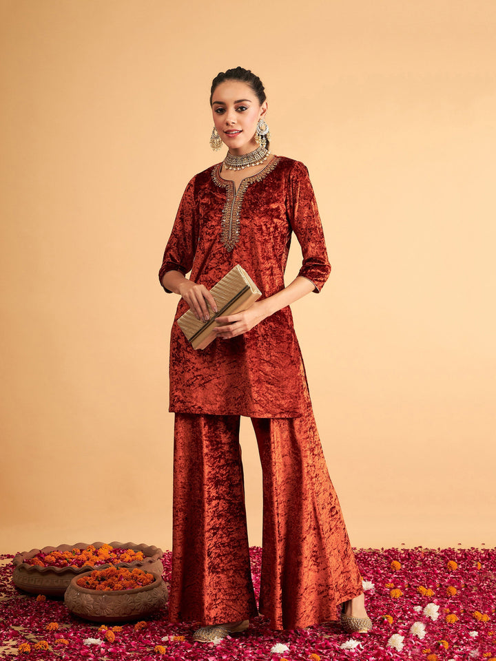 Rust Velvet Palazzo Pants-Shae by SASSAFRAS