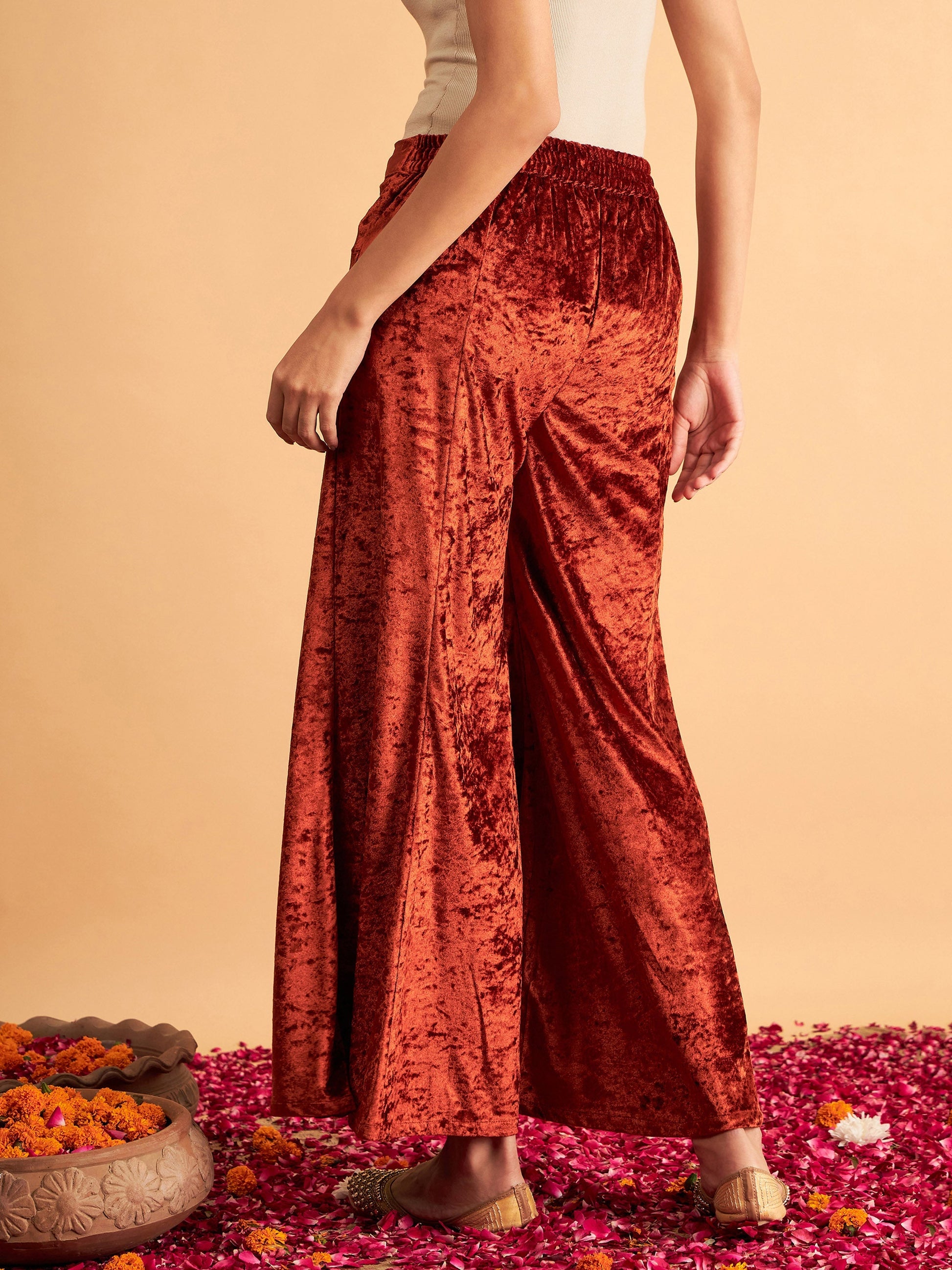 Rust Velvet Palazzo Pants-Shae by SASSAFRAS