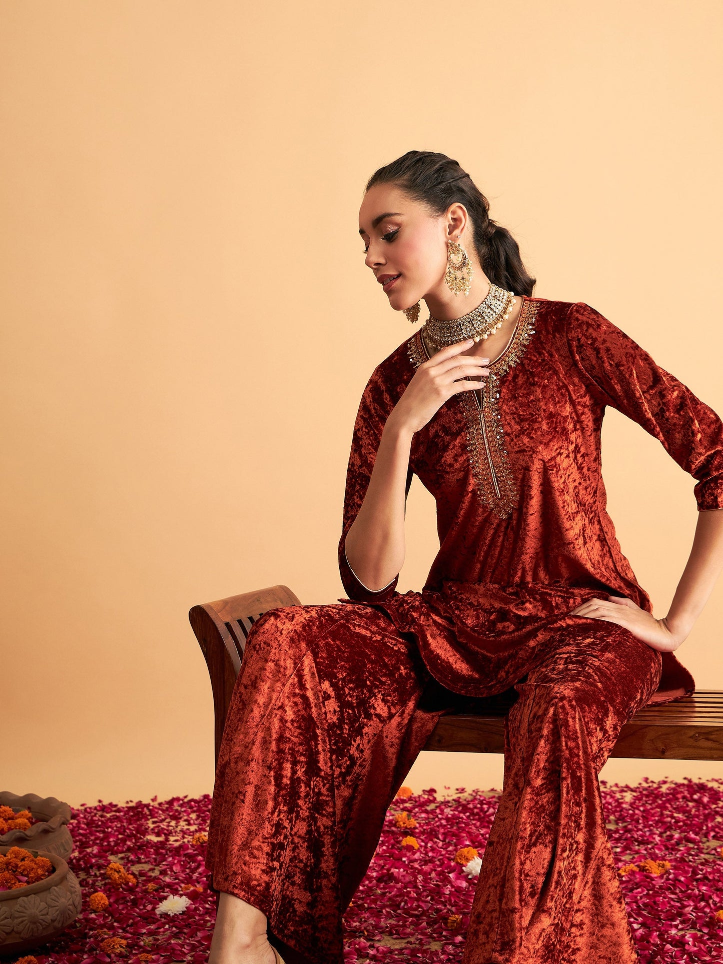 Rust Velvet Palazzo Pants-Shae by SASSAFRAS