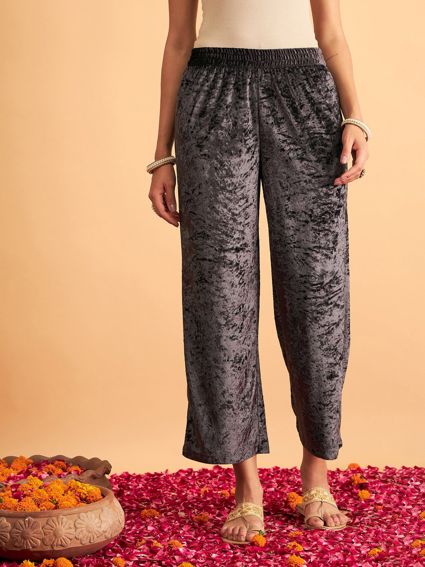 Grey Velvet Straight Pants