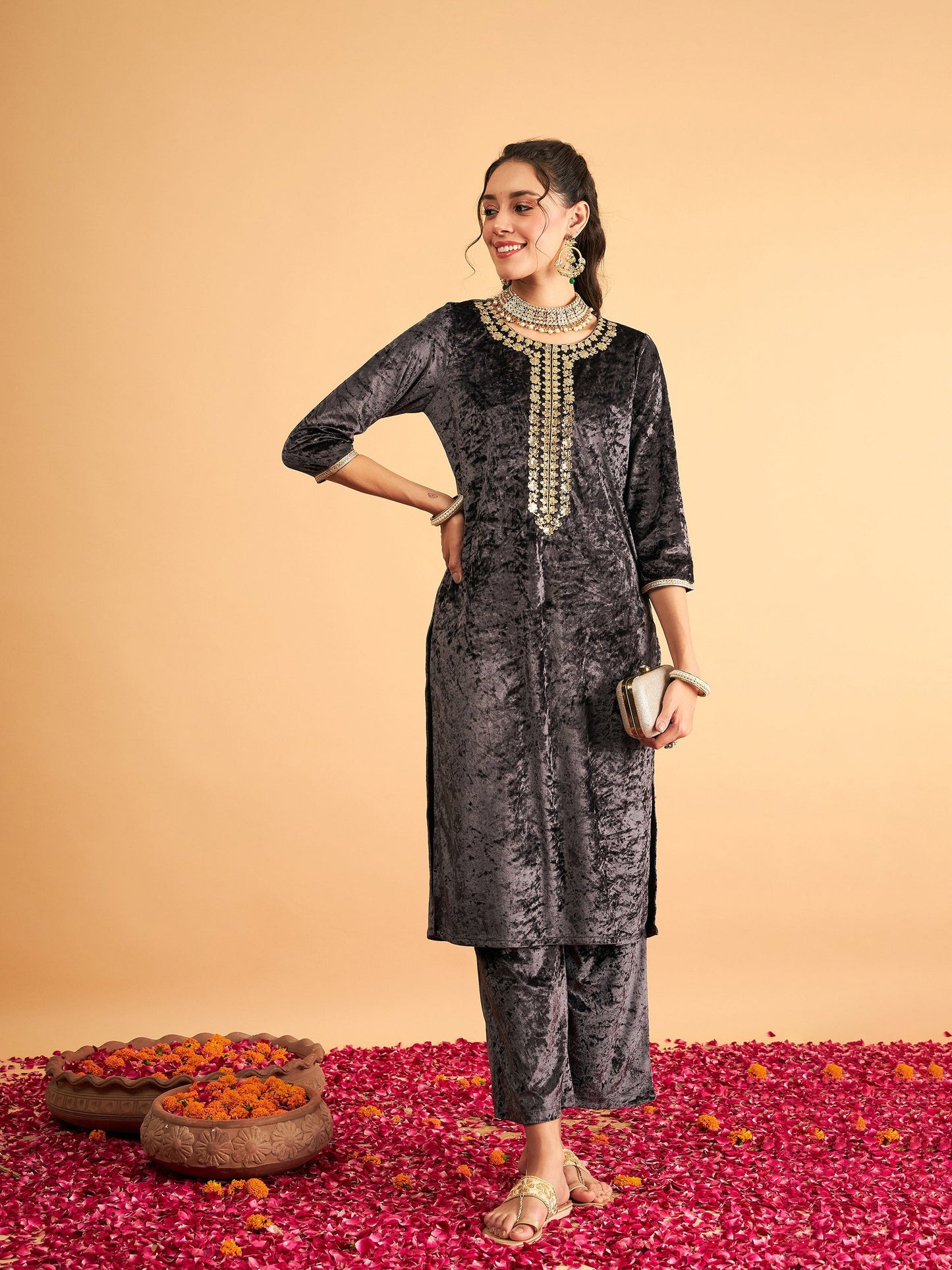 Grey Velvet Straight Pants