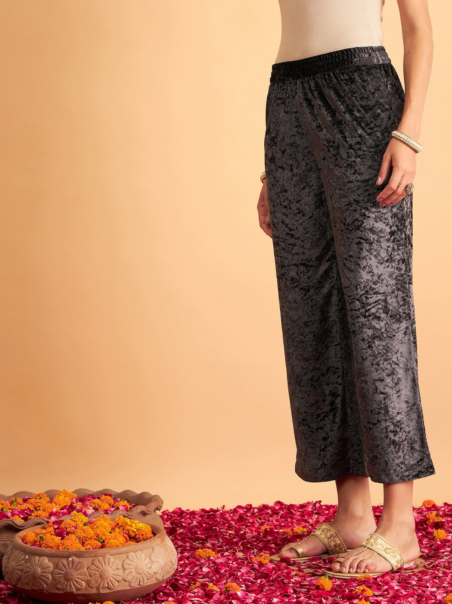 Grey Velvet Straight Pants