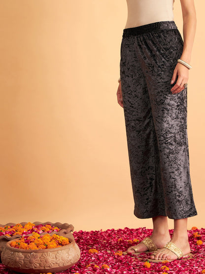 Grey Velvet Straight Pants