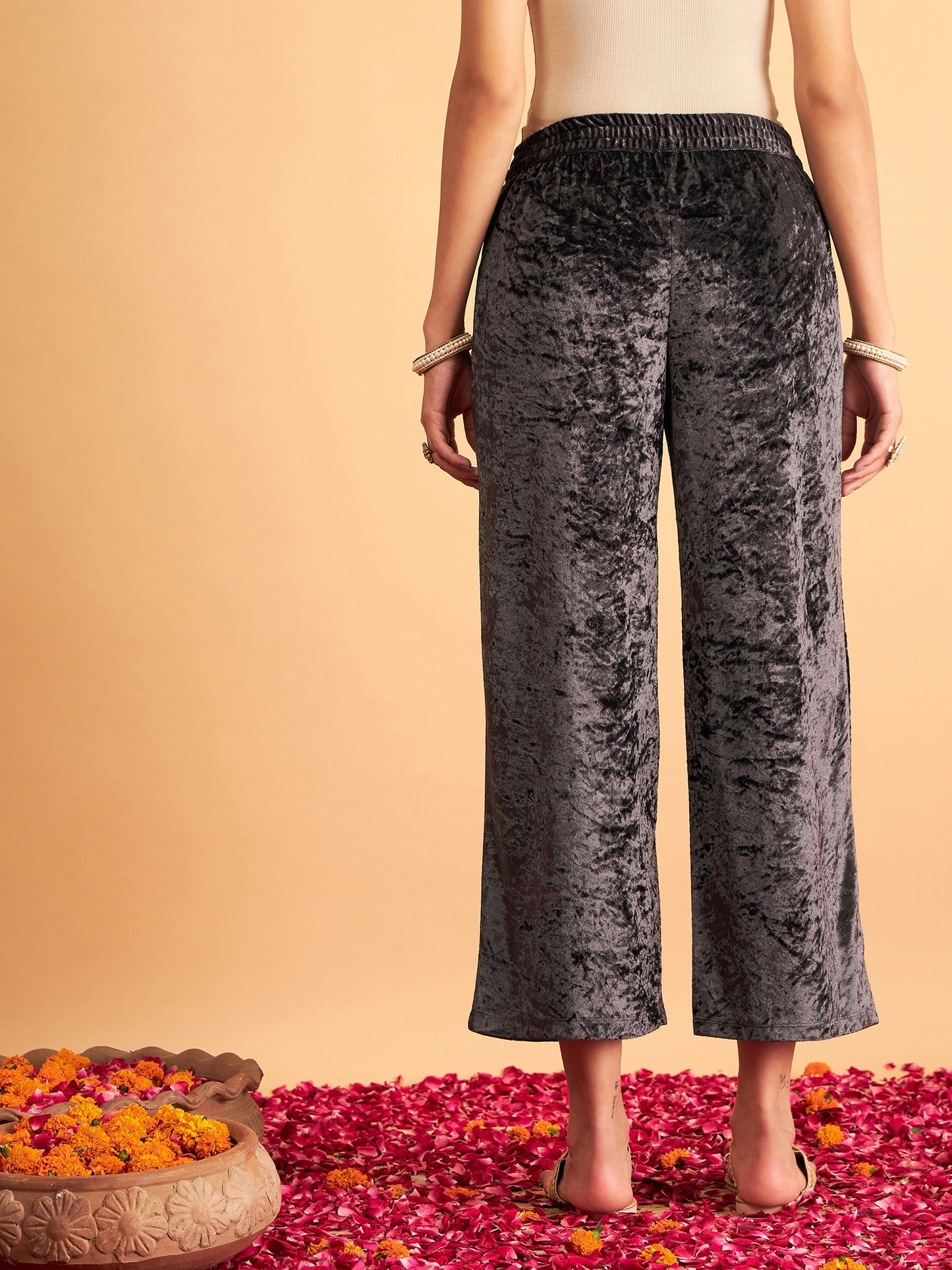 Grey Velvet Straight Pants
