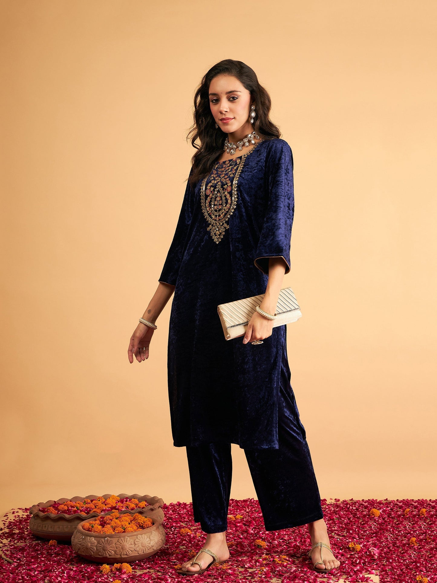 Navy Velvet Straight Pants-Shae by SASSAFRAS