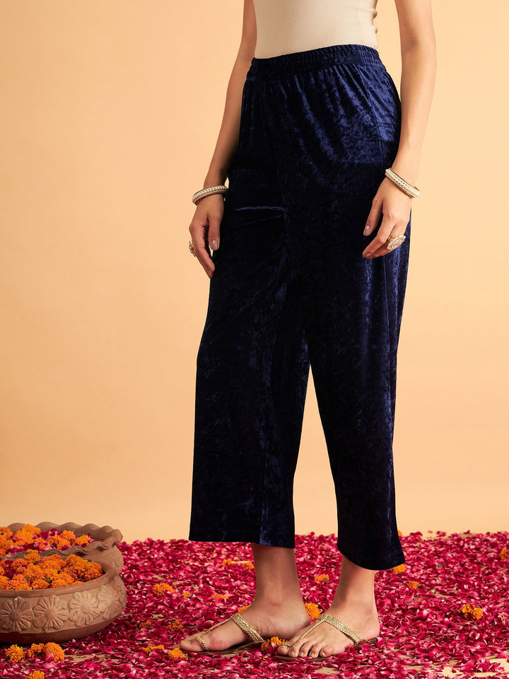 Navy Velvet Straight Pants-Shae by SASSAFRAS