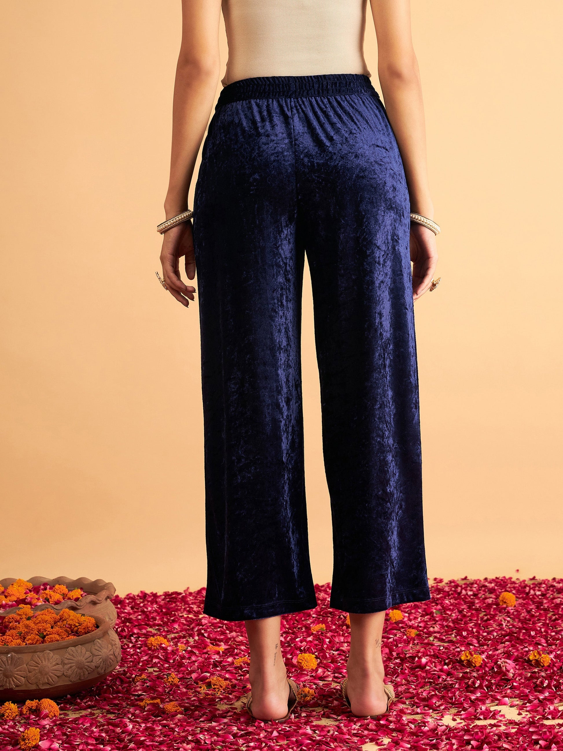 Navy Velvet Straight Pants-Shae by SASSAFRAS