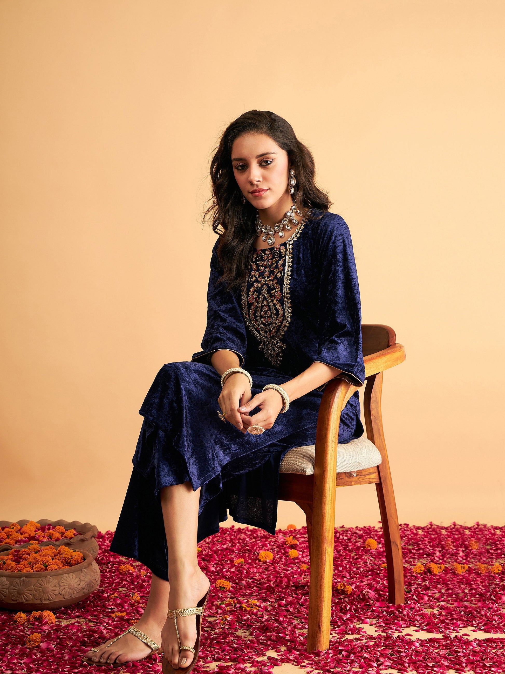 Navy Velvet Straight Pants-Shae by SASSAFRAS