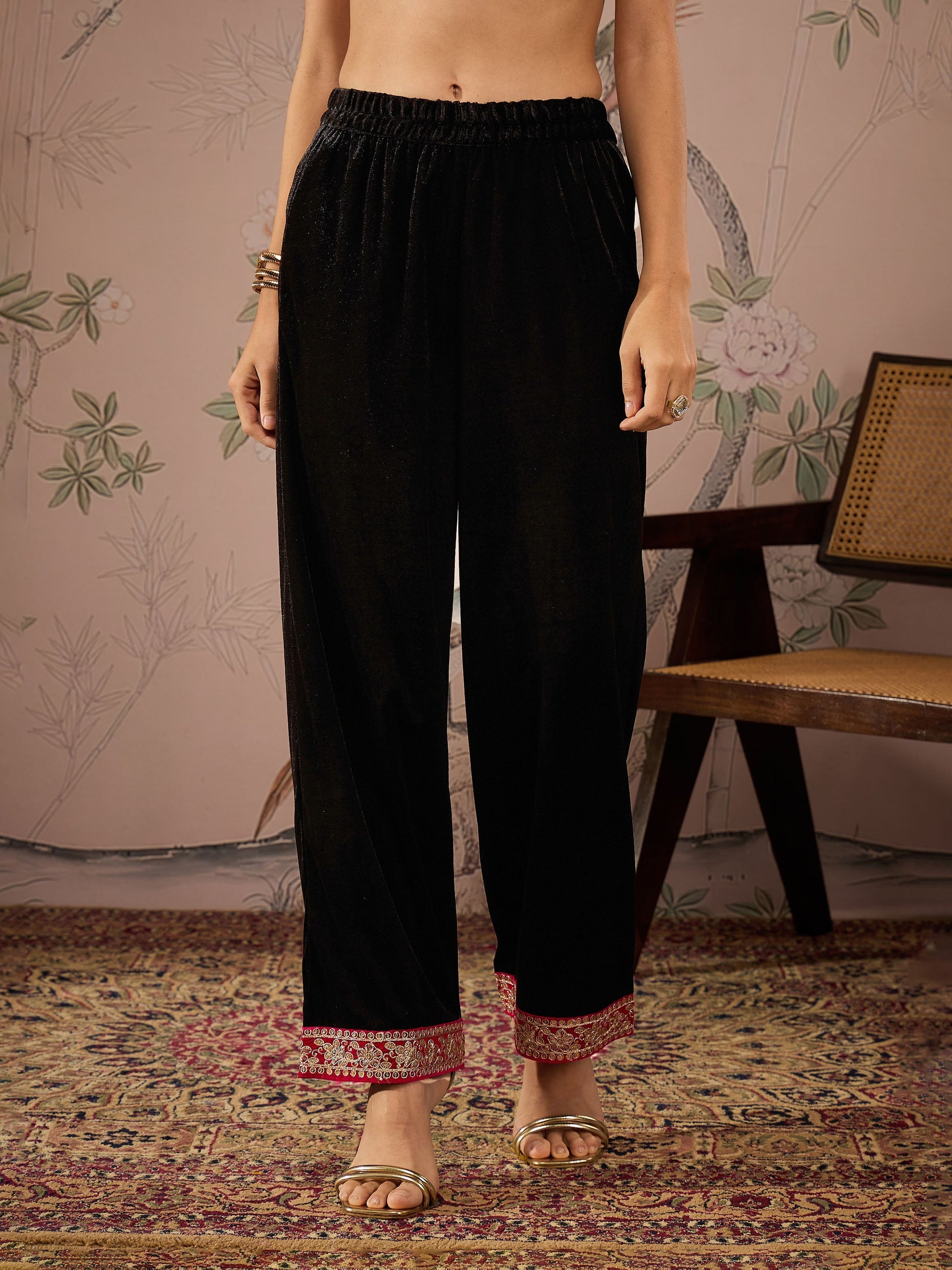 Women's Women Black Velvet Hem Embroidered Elasticated Straight Pants in Velvet by Shae for wholesale, bulk, supplier, manufacturer and wholesaler buyers from Trendphoria