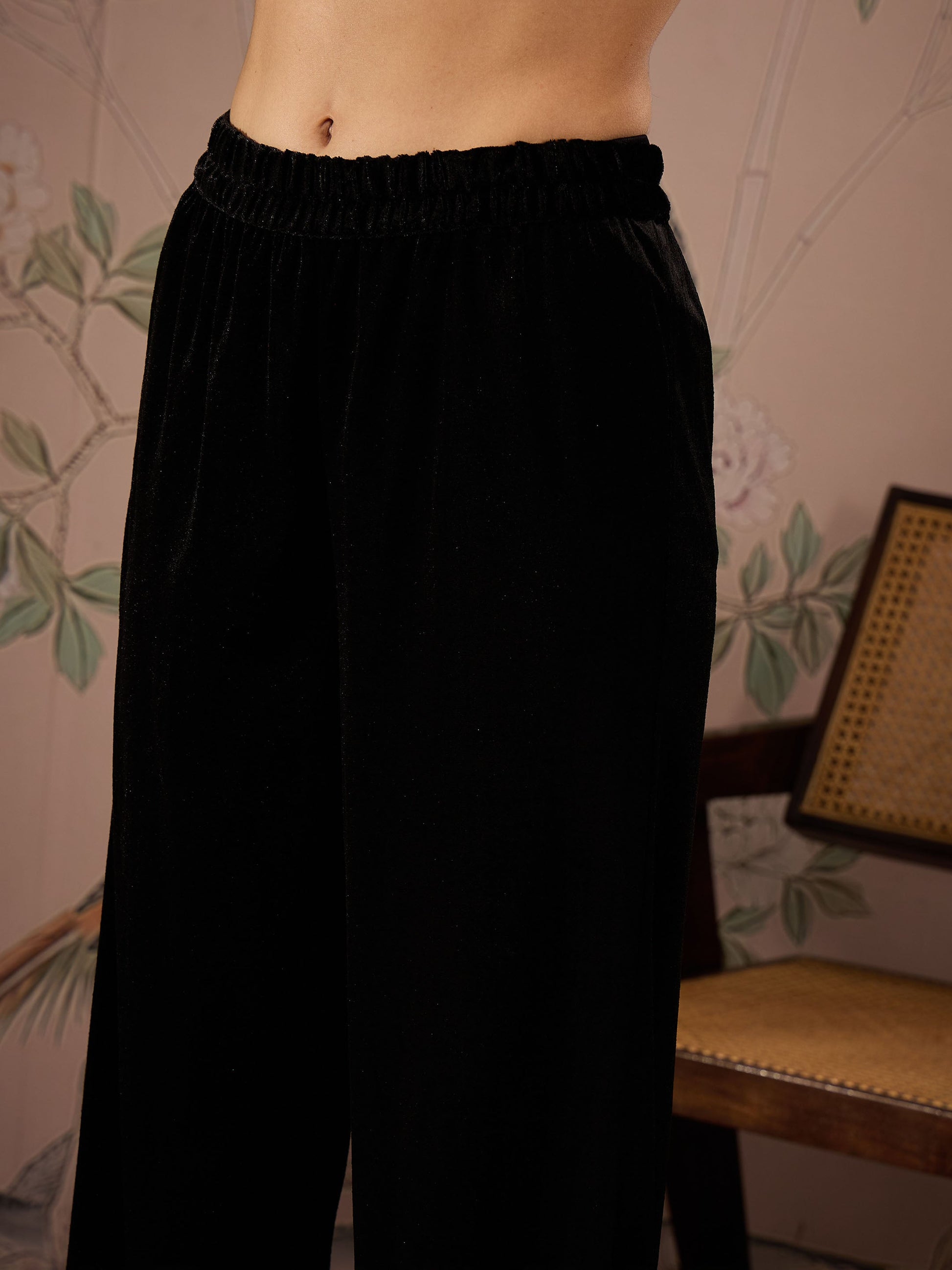 Black Velvet Hem Embroidered Elasticated Straight Pants-Shae by SASSAFRAS